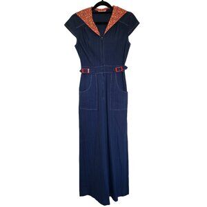 Vintage Navy Jumpsuit with Red Accents & Hood